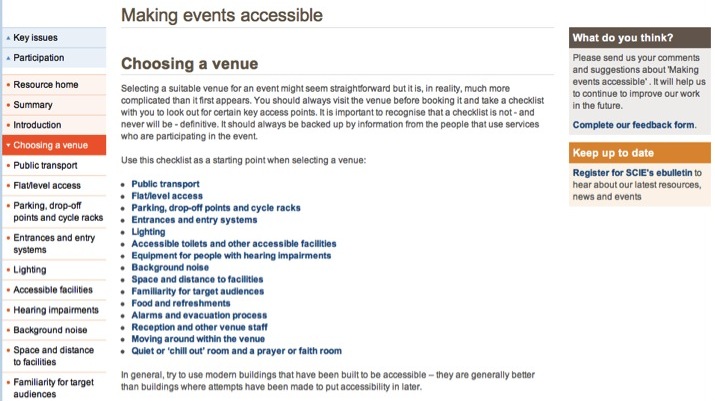 Screenshot of Making Events Accessible: Choosing a Venue webpage