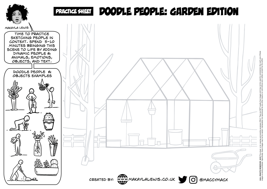 Empty hand drawn garden with greenhouse, trees, plant pots