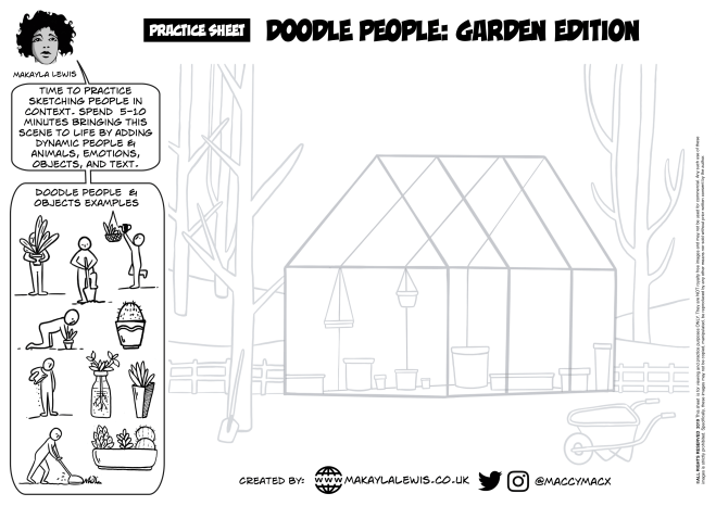 Empty hand drawn garden with greenhouse, trees, plant pots