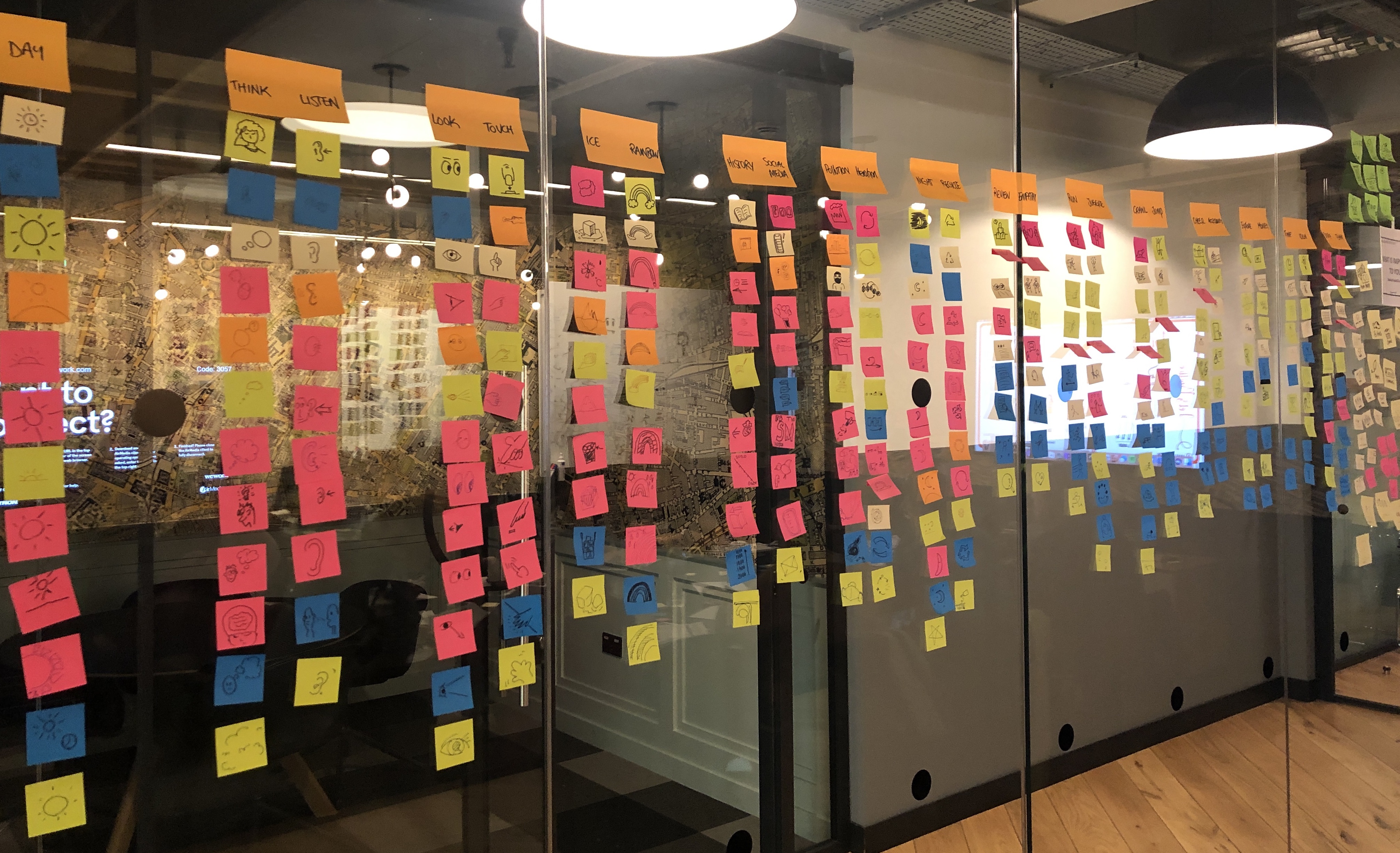 Multiple post it notes with hand draw icons of everyday objects and concepts.